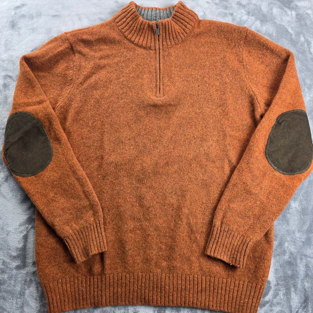 LL Bean‎ Sweater Men XL Orange Shetland Wool Quarter Zip Corduroy Elbow Patches